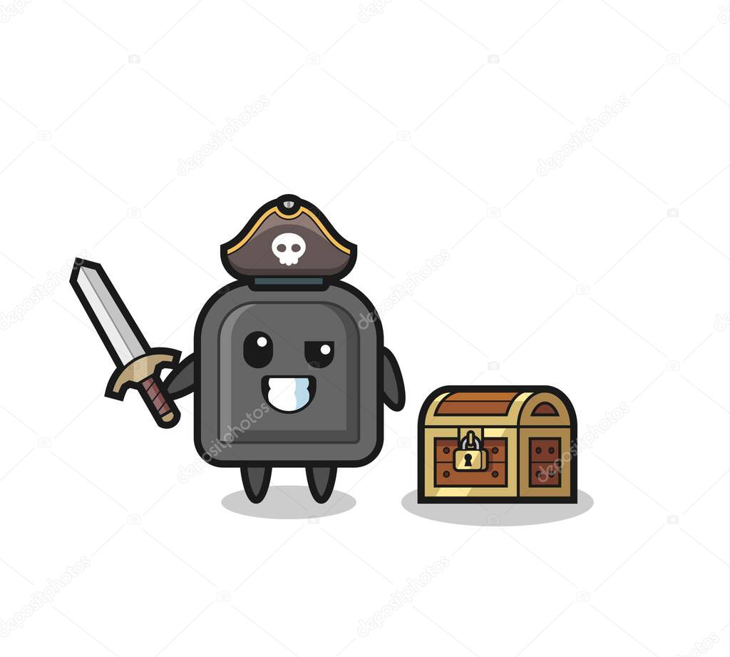 the car key pirate character holding sword beside a treasure box , cute style design for t shirt, sticker, logo element