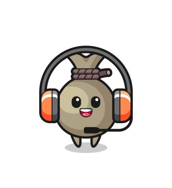 Müşteri hizmetleri olarak para çuvalının çizgi film maskotu tişört, etiket, logo elementi için şirin bir tasarım.