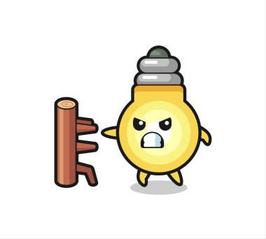 Bir karate dövüşçüsü olarak ampul karikatür çizimi, tişört, çıkartma, logo elementi için şirin bir tasarım.