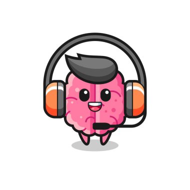 Müşteri hizmetleri olarak beynin çizgi film maskotu tişört, çıkartma ve logo elementleri için şirin bir tasarım.