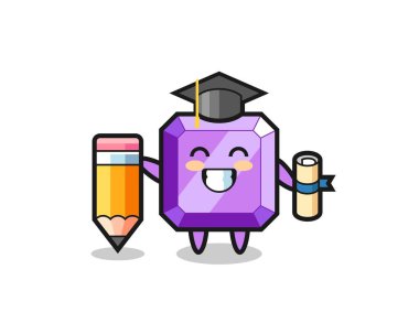 Mor Mücevher Çizim Çizgi Filmi mezuniyet, dev bir kalemle, tişört, etiket, logo elementi için şirin bir tasarım.