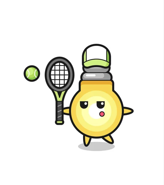 Personaje Dibujos Animados Bombilla Como Jugador Tenis Diseño Estilo Lindo — Vector de stock