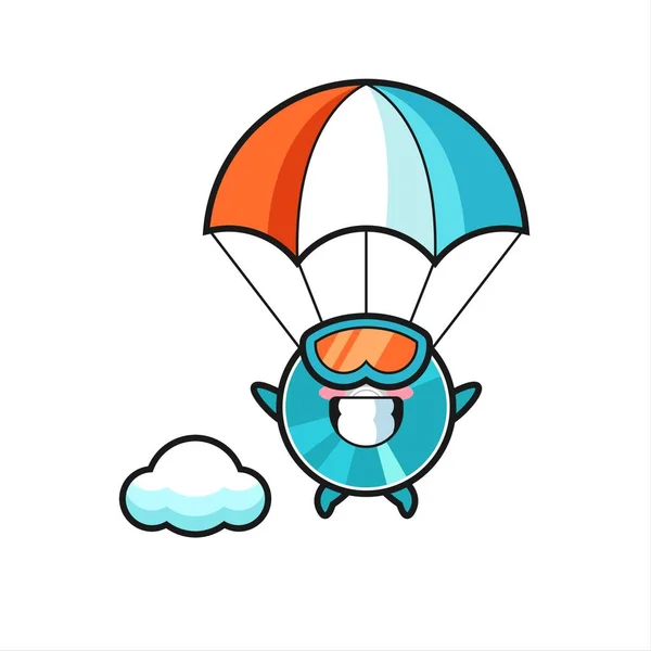 Fumetto Della Mascotte Del Disco Ottico Paracadutismo Con Gesto Felice — Vettoriale Stock