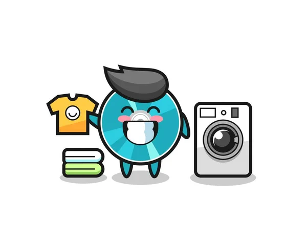 洗濯機付き光ディスクのマスコット漫画 Tシャツ ステッカー ロゴ要素のためのかわいいスタイルのデザイン — ストックベクタ
