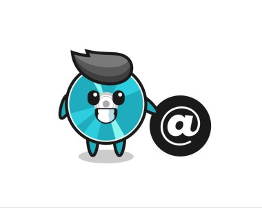 Sembolün yanında duran optik diskin çizgi film çizimi, tişört, etiket, logo elementi için şirin bir tasarım.