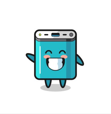 power bank çizgi film karakteri el hareketi yapıyor. Tişört, çıkartma, logo elementi için şirin bir tasarım.