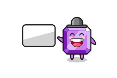 bir sunum yapan mor değerli taş karikatür çizimi, tişört, etiket, logo elementi için şirin bir tasarım.