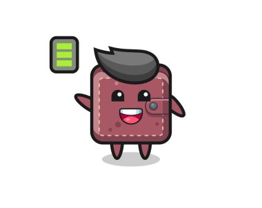 Deri cüzdan maskotu, enerjik bir jest.