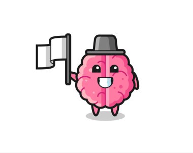 Beynin elinde bayrak tutan çizgi film karakteri, tişört, çıkartma, logo elementi için şirin bir tasarım.