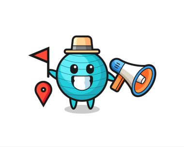 Tur rehberi olarak egzersiz topunun karakter karikatürü, tişört, çıkartma, logo elementi için şirin bir tasarım.