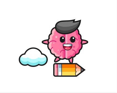 Beyin maskotu illüstrasyonu dev bir kalemle geziyor. Tişört, çıkartma, logo elementi için şirin bir tasarım.