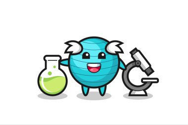Bir bilim adamı olarak egzersiz topunun maskot karakteri, tişört, çıkartma, logo elementi için şirin bir tasarım.