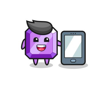 bir akıllı telefon taşıyan mor değerli taş çizim karikatürü, tişört, etiket, logo elementi için şirin bir tasarım