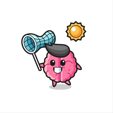 Beyin maskotu illüstrasyonu kelebeği yakalıyor. Tişört, çıkartma, logo elementi için şirin bir tasarım.