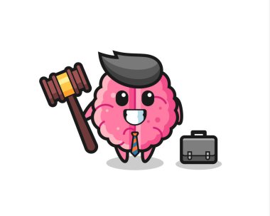 Avukat olarak beyin maskotu tasviri, tişört, çıkartma ve logo elementleri için şirin bir tasarım.