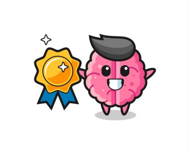 brain mascot illustration holding a golden badge , cute style design for t shirt, sticker, logo element clipart