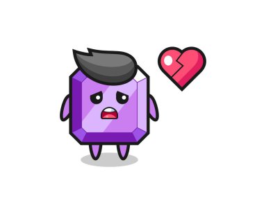 Mor Mücevher karikatür çizimi kırık kalp, tişört, etiket, logo elementi için şirin bir tasarım.