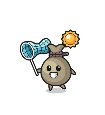 Para çuvalı maskotu illüstrasyonu kelebek yakalıyor, tişört, çıkartma, logo elementi için şirin bir tasarım.