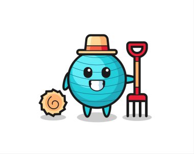 Çiftçi olarak egzersiz topunun maskot karakteri, tişört, çıkartma, logo elementi için şirin bir tasarım.