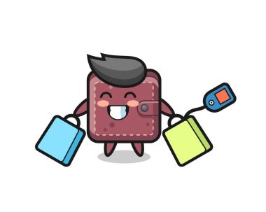 deri cüzdan maskot karikatürü bir alışveriş çantası tutuyor.