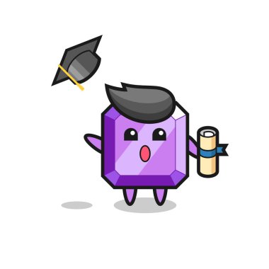 Mezuniyette şapkayı atan mor değerli taş karikatür tasviri, tişört, etiket, logo elementi için şirin bir tasarım.