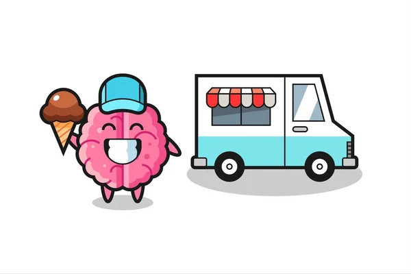 Desenho Animado Mascote Cérebro Com Caminhão Sorvete Design Estilo Bonito — Vetor de Stock