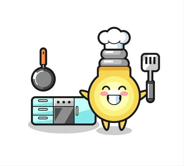 Иллюстрация Характера Лампочки Шеф Повар Приготовления Пищи Милый Дизайн Стиля — стоковый вектор
