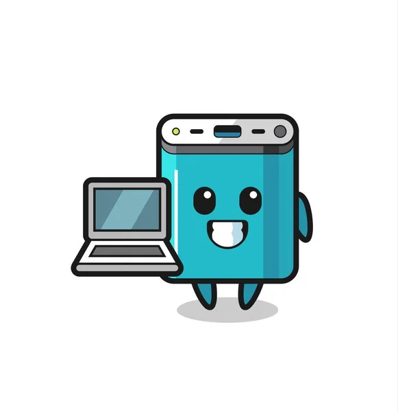 Mascotte Illustration Banque Puissance Avec Ordinateur Portable Design Style Mignon — Image vectorielle