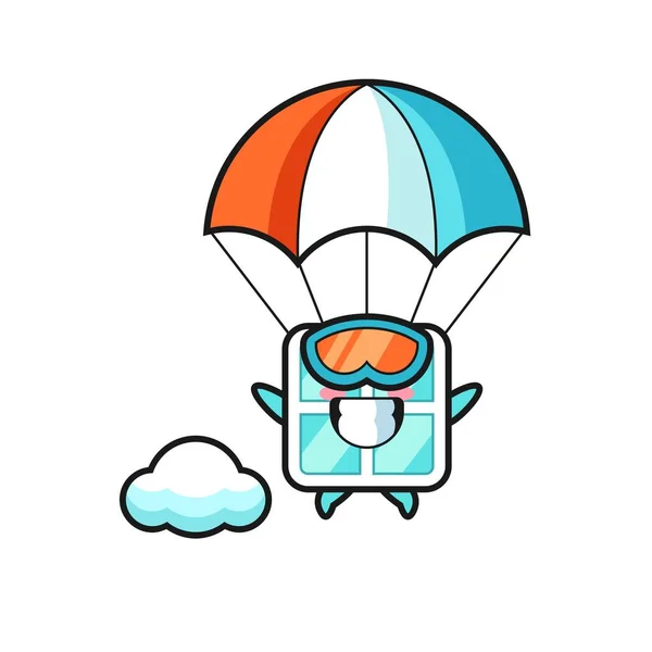 Παράθυρο Καρτούν Μασκότ Είναι Skydiving Χαρούμενη Χειρονομία Χαριτωμένο Σχεδιασμό Στυλ — Διανυσματικό Αρχείο