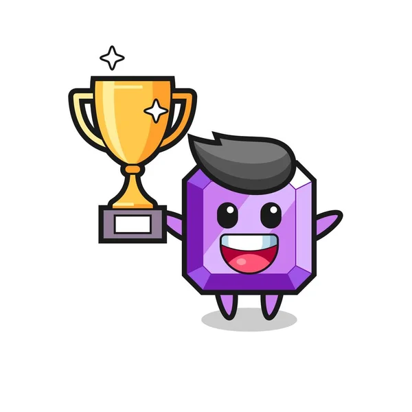 Cartoon Illustration Purple Gemstone Happy Holding Golden Trophy Cute Style — Stock Vector