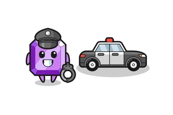 Dibujos Animados Mascota Piedra Preciosa Púrpura Como Policía Lindo Diseño — Vector de stock