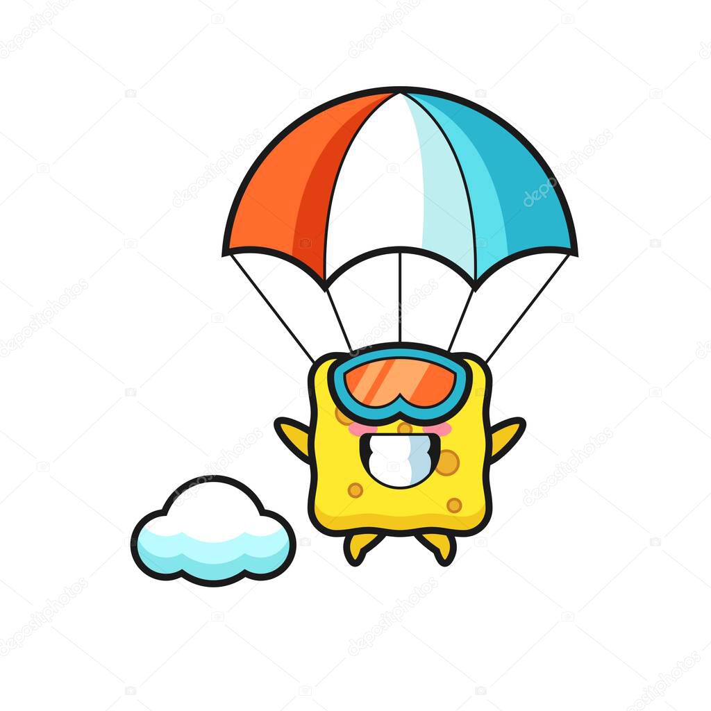 sponge mascot cartoon is skydiving with happy gesture , cute style design for t shirt, sticker, logo element