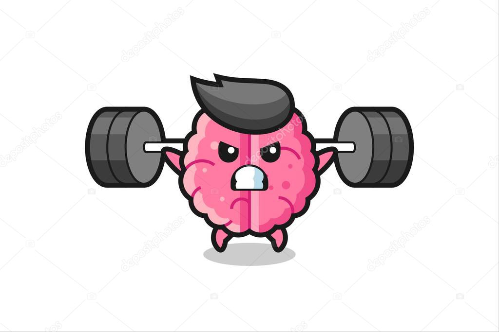 brain mascot cartoon with a barbell , cute style design for t shirt, sticker, logo element