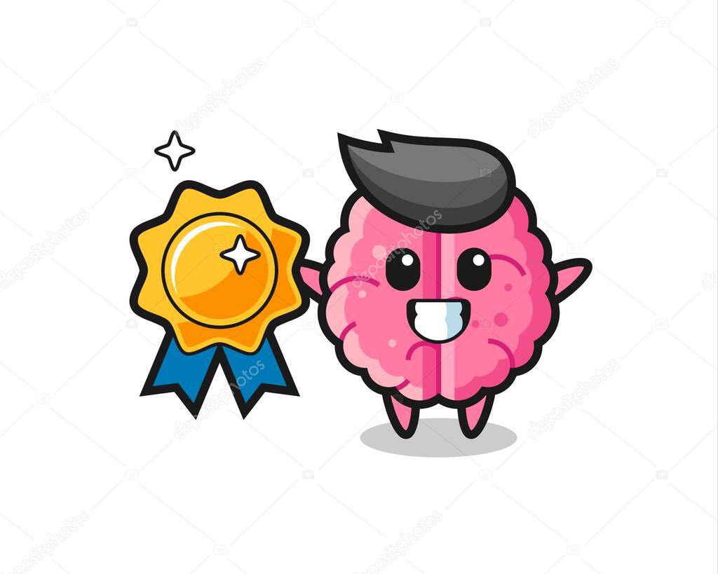 brain mascot illustration holding a golden badge , cute style design for t shirt, sticker, logo element