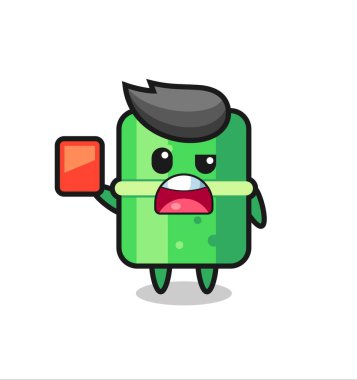 Bambu maskotu hakem olarak kırmızı kart veriyor, tişört, çıkartma, logo elementi için şirin tasarım.