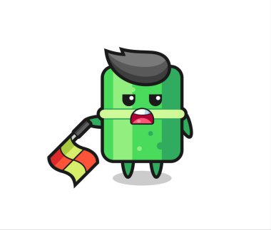 Çizgi yargıcı olarak bambu karakter bayrağı 45 derecelik açıyla aşağıda tut, tişört, çıkartma, logo elementi için şirin bir tasarım.