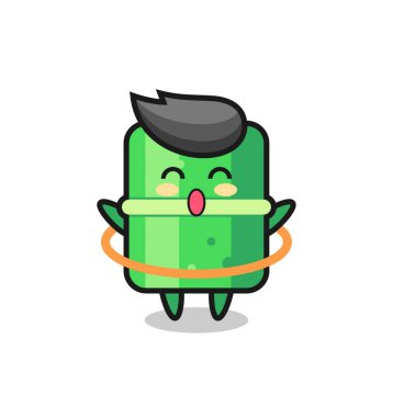 Tatlı bambu karikatürü hula hoop oynuyor. Tişört, çıkartma, logo elementi için şirin bir tasarım.