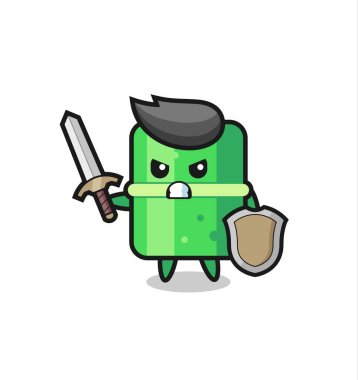 Şirin bambu asker kılıçla ve kalkanla savaşıyor. Tişört, çıkartma, logo elementi için şirin bir tasarım.