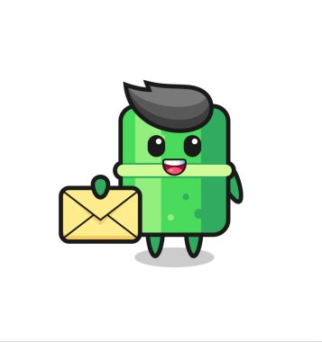 Sarı bir harf tutan bambu çizimi, tişört, çıkartma, logo elementi için şirin bir tasarım.