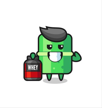 Kas bambu karakteri bir protein takviyesi tutuyor. Tişört, etiket, logo elementi için şirin bir tasarım.