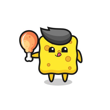 Sünger gibi şirin maskot kızarmış tavuk yiyor. Tişört, çıkartma, logo elementi için şirin bir tasarım.