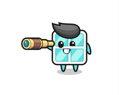 Şirin pencere karakteri eski bir teleskop tutuyor. Tişört, çıkartma, logo ögesi için şirin bir tasarım.