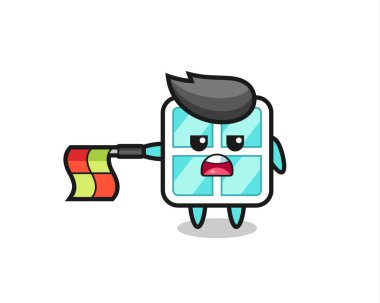 Çizgi yargıcı olarak pencere karakteri bayrağı yatay tutun, tişört, etiket, logo ögesi için şirin bir tasarım yapın