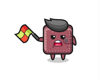 Deri cüzdan karikatürü, çizgi film yargıcı bayrağı 45 derecelik açıyla kaldırıyor, tişört, çıkartma, logo elementi için şirin bir tasarım.