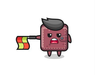 Çizgi hakimi olarak deri cüzdan karakteri bayrağı yatay tut, tişört, etiket, logo elementi için şirin bir tasarım yap