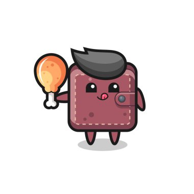 Deri cüzdan şirin maskot kızarmış tavuk yiyor. Tişört, çıkartma, logo elementi için şirin bir tasarım.