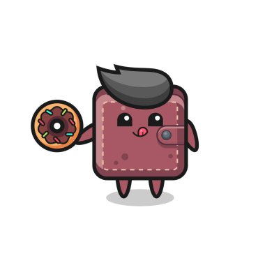 Deri cüzdan karakteri tişört, etiket ve logo için tatlı bir tasarım donut yiyor.