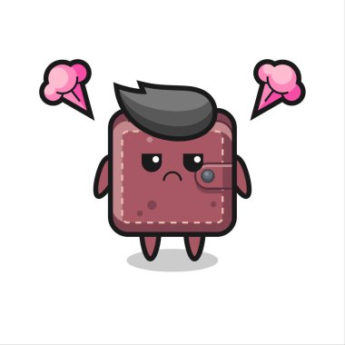 Sevimli deri cüzdan çizgi film karakterinin rahatsız edici ifadesi, tişört, etiket, logo elementi için şirin tarz tasarımı