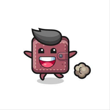 Koşu pozlu mutlu deri cüzdan karikatürü, tişört, çıkartma, logo elementi için şirin bir tasarım.