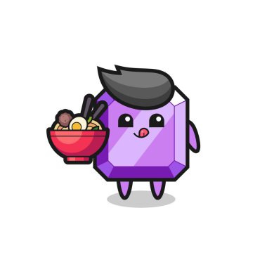 Erişte yiyen sevimli mor değerli karakter, tişört, çıkartma, logo elementi için şirin tasarım.